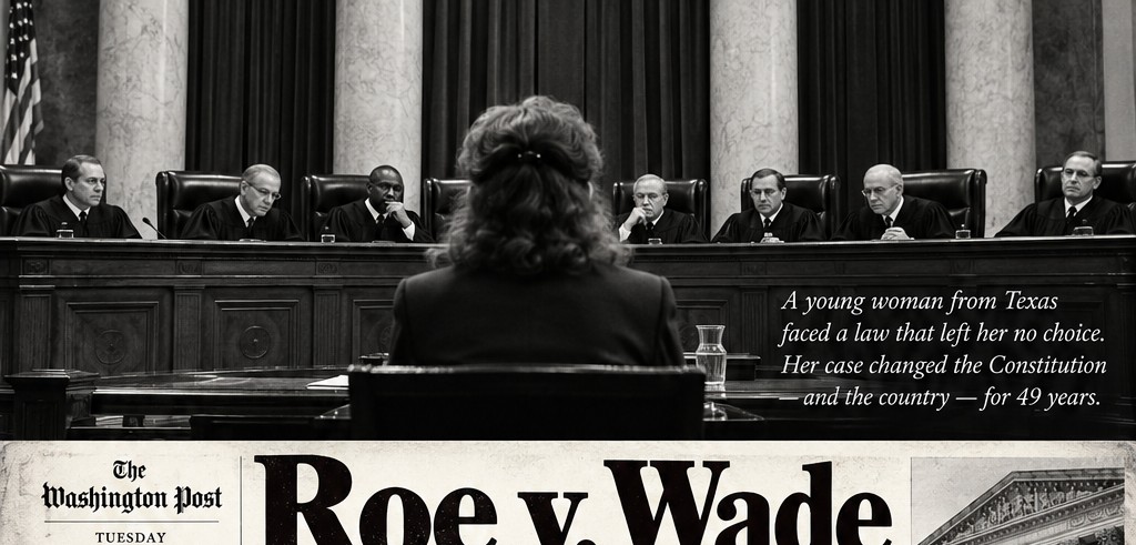 Artistic reconstruction of a woman facing the Supreme Court bench; not a historical photograph